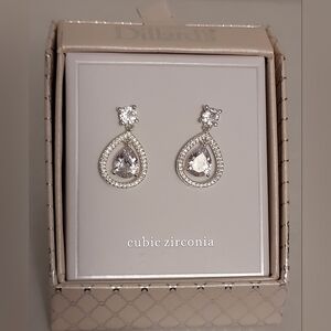 NIB Dillards City Luxe Pear Shaped CZ Halo Drop Earrings